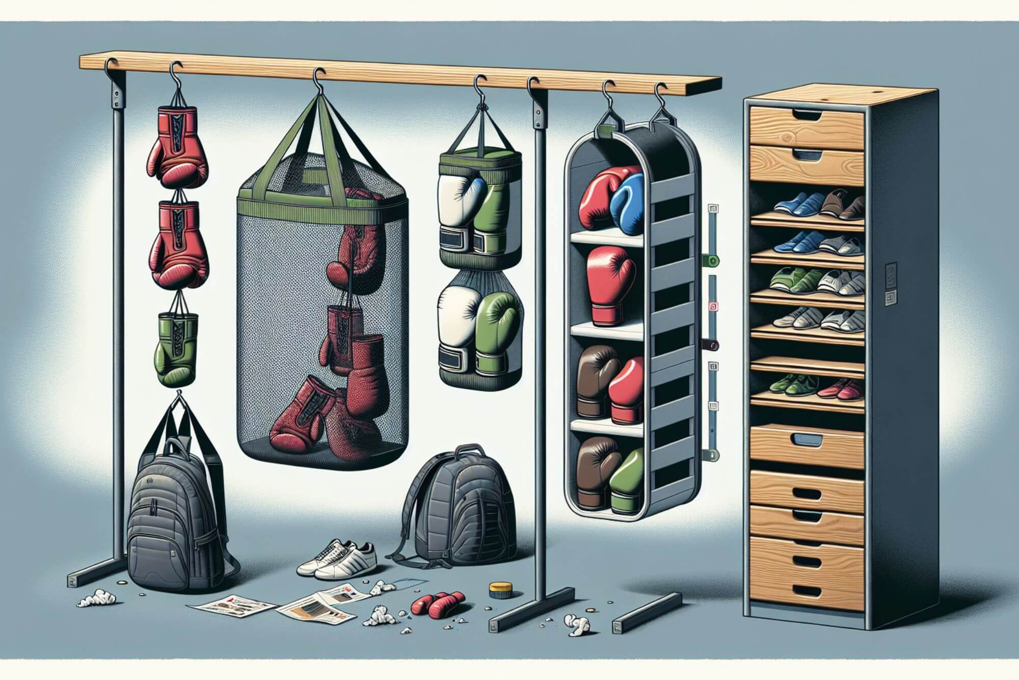 Various boxing glove storage options including mesh bags and dedicated compartments